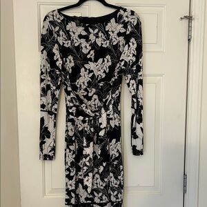 INC International Concepts Black and White Floral Long-Sleeve Wrap Dress